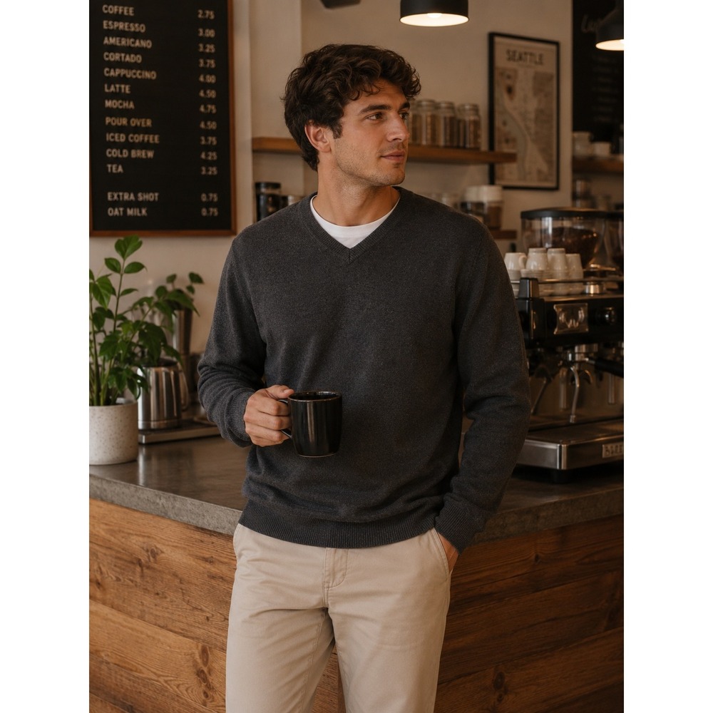 Eddie Bauer V-Neck Sweater Mens Medium Gray Cotton Blend Pullover Classic Knit